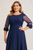 Granatowa Szyfon Plus Size Długa Sukienki Na Wesele z Pół Rękawy