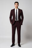 Bordowe klapy z karbem 2-częściowe garnitury męskie slim fit
