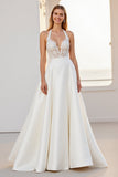 Halter Lace A Line Ivory Satynowa Suknia Ślubna