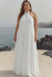 Biała sukienka plażowa z halter chiffon plus size, długa boho plażowa sukienka
