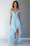 Off the Shoulder Sky Blue Szyfon Potargana Linia Formalna Sukienka