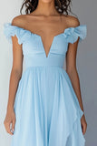 Off the Shoulder Sky Blue Szyfon Potargana Linia Formalna Sukienka