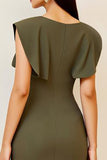 Oliwkowa marszczona sukienka bodycon midi z dekoltem w serek