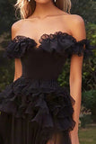 sukienka na studniówkę z otwartymi ramionami A Line Ruffles