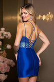 Błyszcząca krótka Royal Blue Satin Bodycon z dziurką od klucza