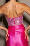 Błyszcząca fuksja bez ramiączek Satynowa sukienka Bodycon Homecoming z kwiatami 3D