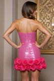 Błyszcząca fuksja cekiny Sweetheart Bodycon Krótka sukienka na powrót do domu z kwiatami 3D