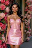 Błyszcząca różowa gorsetowa sukienka bez ramiączek bodycon Homecoming