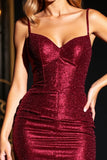 Błyszcząca bordowa bodycon spaghetti na ramiączkach krótka sukienka na powrót do domu