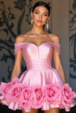 Off The Shoulder Różowa sukienka na powrót do domu z kwiatami 3D