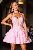 Halter Tiered A Line Homecoming Dress Z Cekinami