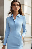 Błękitna krótka sukienka robocza Bodycon z zakładkami