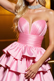 Candy Pink Metallic Satin A Line Homecoming Dress A Line z falbankami