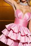 Candy Pink Metallic Satin A Line Homecoming Dress A Line z falbankami