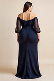 Z Odkrytymi Ramionami Granatowa Ruched Plus Size Sukienka Dla Matki Panny Młodej Z Rozcięciem