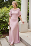Dusty Rose Sheath Satyna Długa Sukienka Dla Matki Panny Młodej