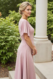 Dusty Rose Sheath Satyna Długa Sukienka Dla Matki Panny Młodej