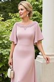 Dusty Rose Sheath Satyna Długa Sukienka Dla Matki Panny Młodej