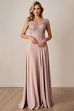 Dusty Rose A Line Satynowa Długa Sukienka Dla Matki Panny Młodej Z Koronką