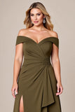 Off The Shoulder Olive Długa Plus Size Sukienka Dla Matki Panny Młodej Z Rozcięciem