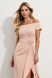 Off the Shoulder Sheath Morelowa Marszczenia Midi Sukienka dla matki panny młodej z rozcięciem