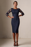 Bodycon 3/4 Rękaw Midi Granatowa sukienka dla matki panny młodej z koronkowymi aplikacjami