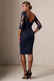 Bodycon 3/4 Rękaw Midi Granatowa sukienka dla matki panny młodej z koronkowymi aplikacjami