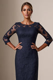 Bodycon 3/4 Rękaw Midi Granatowa sukienka dla matki panny młodej z koronkowymi aplikacjami