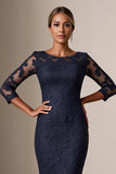 Bodycon 3/4 Rękaw Midi Granatowa sukienka dla matki panny młodej z koronkowymi aplikacjami