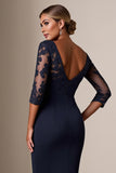 Bodycon 3/4 Rękaw Midi Granatowa sukienka dla matki panny młodej z koronkowymi aplikacjami