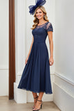Linia Ruched Długa Granatowa Sukienka Matki Panny Młodej