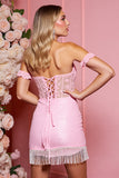 Candy Pink Gorset Na Zimne Ramię Sukienka Koktajlowa Bodycon
