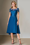 Peacock Blue A Line Długość herbaty Sukienka dla matki panny młodej z koronką