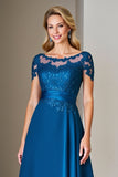 Peacock Blue A Line Długość herbaty Sukienka dla matki panny młodej z koronką