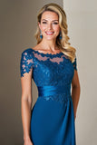 Peacock Blue A Line Długość herbaty Sukienka dla matki panny młodej z koronką