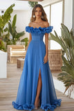 Off The Shoulder Niebieska formalna sukienka A Line z rozcięciem