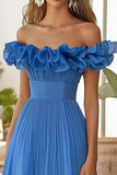 Off The Shoulder Niebieska formalna sukienka A Line z rozcięciem
