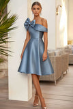 Dusty Blue A Line Midi Formalna Sukienka Z Kokardą
