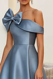 Dusty Blue A Line Midi Formalna Sukienka Z Kokardą