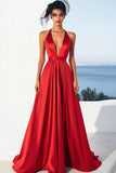 Halter Red A Line Dekolt W Serie Satynowa Sukienka Wizytowa