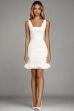 Ivory Satin Bodycon Krótka Sukienka Robocza Z Falbankami