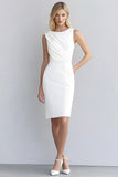 Ivory Satin Bodycon Krótka Sukienka Robocza Bez Rękawów