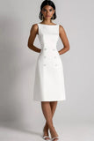 Ivory Satin A Line Dwurzędowa sukienka robocza midi