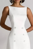 Ivory Satin A Line Dwurzędowa sukienka robocza midi