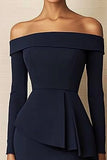 Granatowa satynowa krótka sukienka robocza Body Con Off the Shoulder