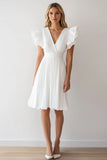 Ivory Chiffon Linia plisowana krótka formalna sukienka z falbankami