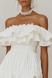 Off The Shoulder Ruffled A Line Biała Sukienka Dyplomowa