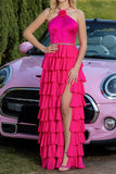 Halter Fuchsia A Line Warstwowa sukienka imprezowa