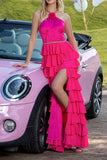 Halter Fuchsia A Line Warstwowa sukienka imprezowa