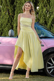 Żółte ramiączka spaghetti Ruched A Line Party Dress